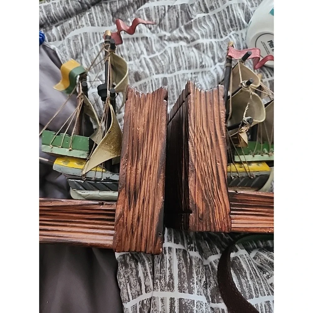 Vtg Ship Nautical Wood‎ and Paper Mache Cloth Bookends Set Pirate Spanish MCM